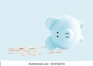  Empty blue piggy bank and coins on pastel blue background
