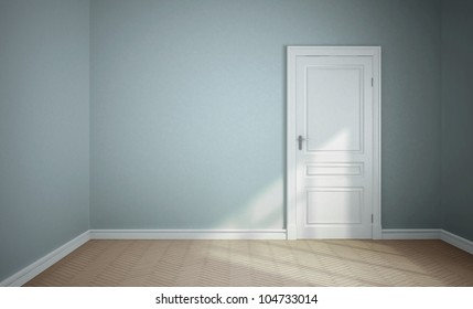 Empty Blue Room With White Door