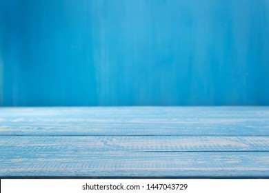 Empty Blue Wooden Table In Front, Plank Board Background Texture Surface