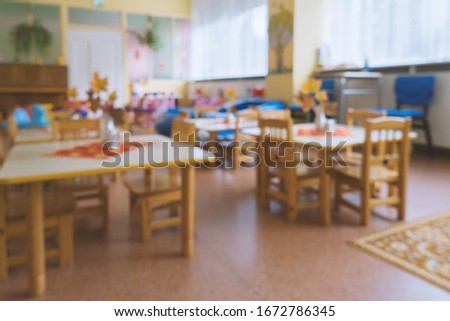 Empty blurred classroom in elementary school, kindergarten. Compulsory quarantine for all educational institutions concept