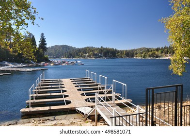 Empty Boat Slips Are Seen Along The Shoreline Of Lake Arrowhead In Southern California.