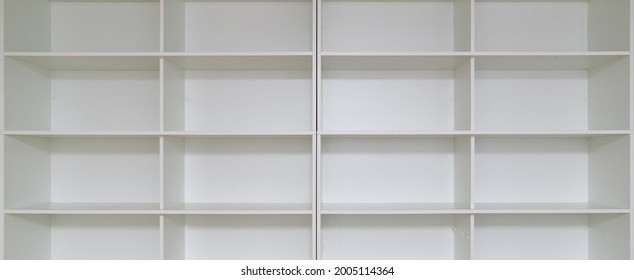 Empty Book Case. Empty Shelves, Blank Bookcase Library