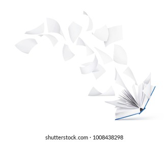 Empty Book With Flying Pages Isolated On White Background