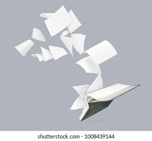 An Empty Book With Flying Pages Isolated On A Gray Background