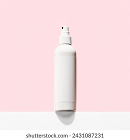 Empty bottle without labels on pink background. Mockup for cosmetic spray bottle, like mineral spray or hairspray. Front view, space for design. White spray bottle for various cosmetic products.