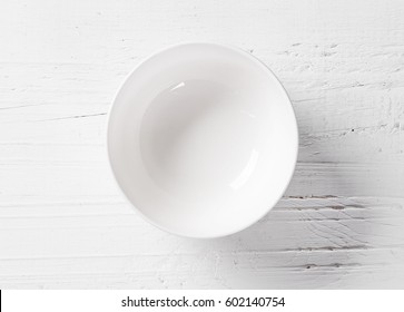 Empty Bowl On White Wooden Table, Top View