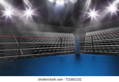 Empty Boxing Ring In Arena, Spot Lights, Smoke And Dark Night Scene. Dramatic Fighters Background, Extreme Sport And Exhibition.