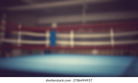 An empty boxing ring with a blue mat and red and white ropes is shown in a dimly lit arena with a vintage effect.