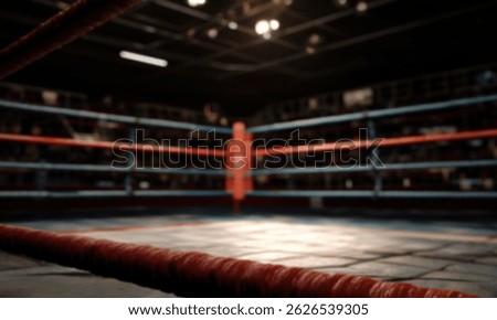 An empty boxing ring with blue and red ropes, ready for an intense match under bright arena lights.