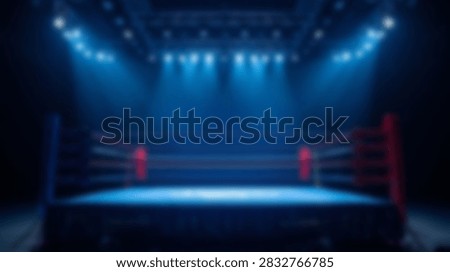 An empty boxing ring is dramatically lit by bright blue stage lights, creating an atmospheric and intense scene. The ring ropes and corners are visible, ready for a fight.