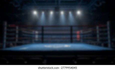 An empty boxing ring is illuminated by bright overhead lights, creating a dramatic atmosphere. The blue canvas floor and the ropes are clearly visible, with the focus on the center of the ring, ready for a match.