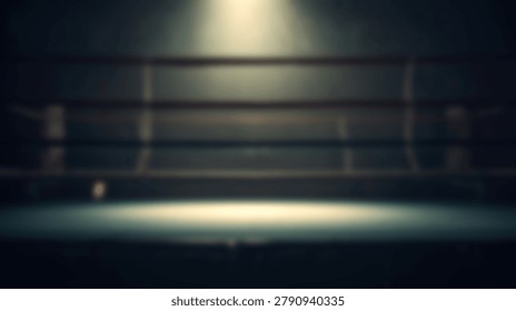 An empty boxing ring is illuminated by a single spotlight from above, casting dramatic shadows and highlighting the ropes.