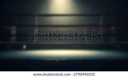 An empty boxing ring is illuminated by a single spotlight from above, casting dramatic shadows and highlighting the ropes.