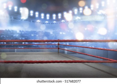 Empty Boxing Ring With Red Ropes For Match In The Stadium Arena