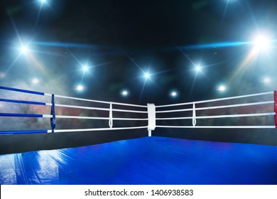 Empty Boxing Ring, View On Corner With White Ropes