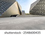 Empty brick floor and modern city buildings background