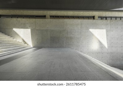 Empty brick floor perspective view towards concrete stairs and wall with geometric recessed light features background.
