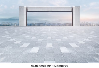 Empty brick floor square with panoramic views of the city skyline and architecture