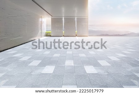 Empty brick ground square floor building with panoramic ink wind mountain skyline