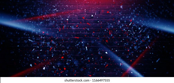 Empty Brick Wall Background, Night View, Neon Light, Rays. Celebratory Background.