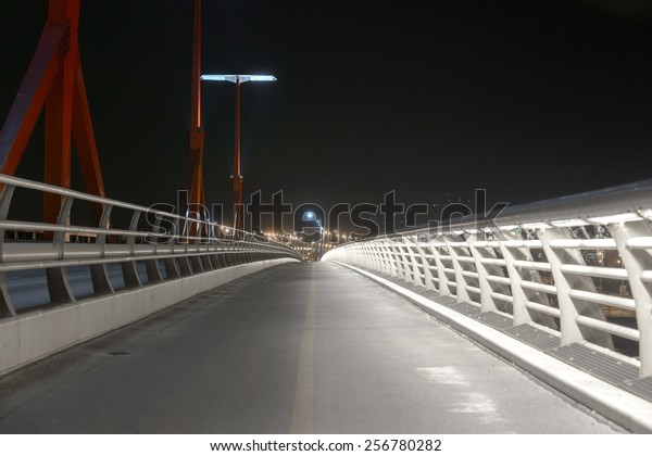 Empty bridge at night\
with lights photo