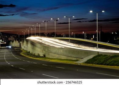 Empty Bridge, Towers And Street Lights At Night In Guadalajara, Mexico, Freeway.