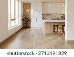 Empty, bright open-plan room featuring a kitchen island, natural wood trim, and large windows. Clean copy space for design, renovation, and housing concepts. 3d Rendering