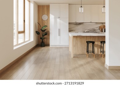 Empty, bright open-plan room featuring a kitchen island, natural wood trim, and large windows. Clean copy space for design, renovation, and housing concepts. 3d Rendering