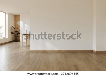 Empty, bright open-plan room featuring a large blank wall and a minimalist kitchen corner. Ideal copy space for design, advertising, and home staging concepts. 3d rendering