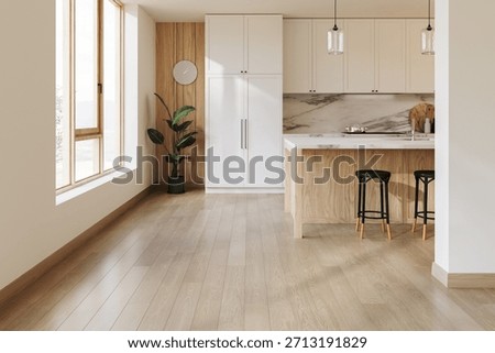 Empty, bright open-plan room featuring a kitchen island, natural wood trim, and large windows. Clean copy space for design, renovation, and housing concepts. 3d Rendering
