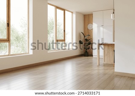 Empty, bright open-plan room featuring a kitchen island, natural wood trim, and large windows. Clean copy space for design, renovation, and housing concepts. 3d Rendering