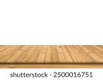 Empty brown old plank wooden board mock up display shelf with isolated white copy space and clipping path. Beautiful textured and pattern of tabletop panel build from reused wood pallet background.