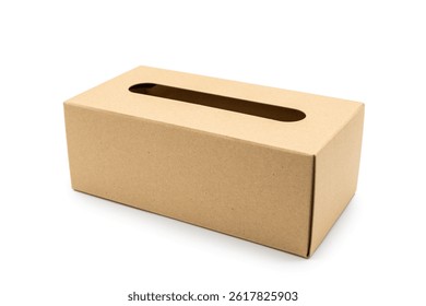 Empty brown tissue paper box isolated on white background with clipping path. Craft tissue box. Table Top Tissue Box.

