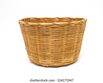 Empty Brown Wicker Woven Basket Isolated On White Background