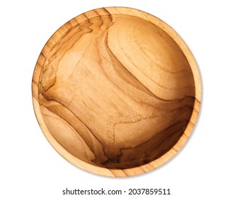 Empty Brown Wooden Bowl Isolated On White Background, View From Above. Top View