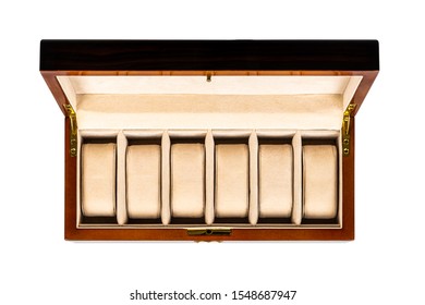 Empty Brown Wooden Luxury Jewelry Watch Case Box With Open Lid And Padded Inside On White Background. Top View From Above.