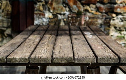 Empty Brown Wooden Table And Blur Background Of Abstract Of Resturant Lights People Enjoy Eating, Can Be Used For Montage Or Display Your Products Mockup