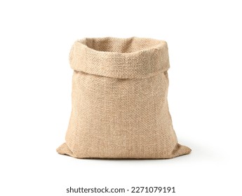 Empty burlap sack isolated on white background.