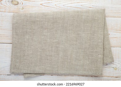 Empty Burlap Tablecloth On White Wooden Deck