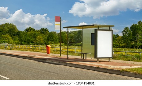 Empty Bus Stop With Bus Shelter And Advertising Poster Template Mock-up In Summer
