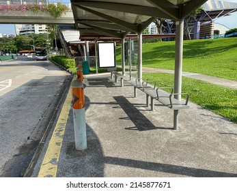 Empty Bus Stop In Singapore City With Green Land Background And Shadow