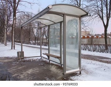 Empty Bus Stop In Winter City