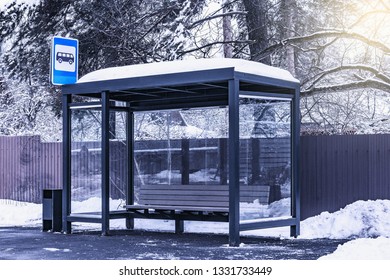 Empty Bus Stop At Winter Evening Time.