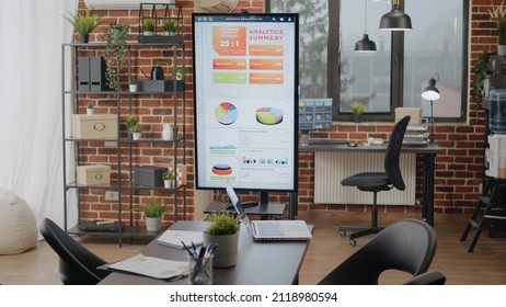 Empty Business Office With Monitor And Furniture For Work. No People In Startup Space Used For Company Meeting, Decorated With Technology For Project Planning, Nobody In Workplace