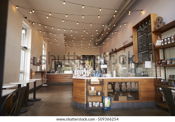 Empty cafe or bar interior,\
daytime