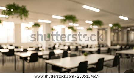 An empty cafeteria or dining hall with rows of tables and chairs, bathed in natural light from large windows, featuring hanging plants.