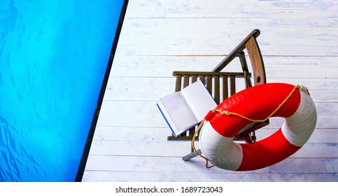 empty calm pool lifeguard post with comfortable armchair, lifebuoy and open book