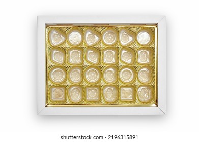 Empty Candy Box On White Background. Gold Color Tray For Candy And Confectionery Products.