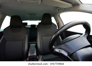 Empty Car Front Seats With Wheel Inside View Isolated