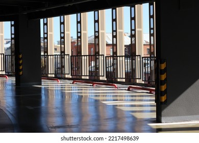 Empty Car Park Parking Vertical Lines Fence Texture Abstract Zebra Crosswalk White Lines Dark Background Reflections Asphalt Road Surface Fine Details